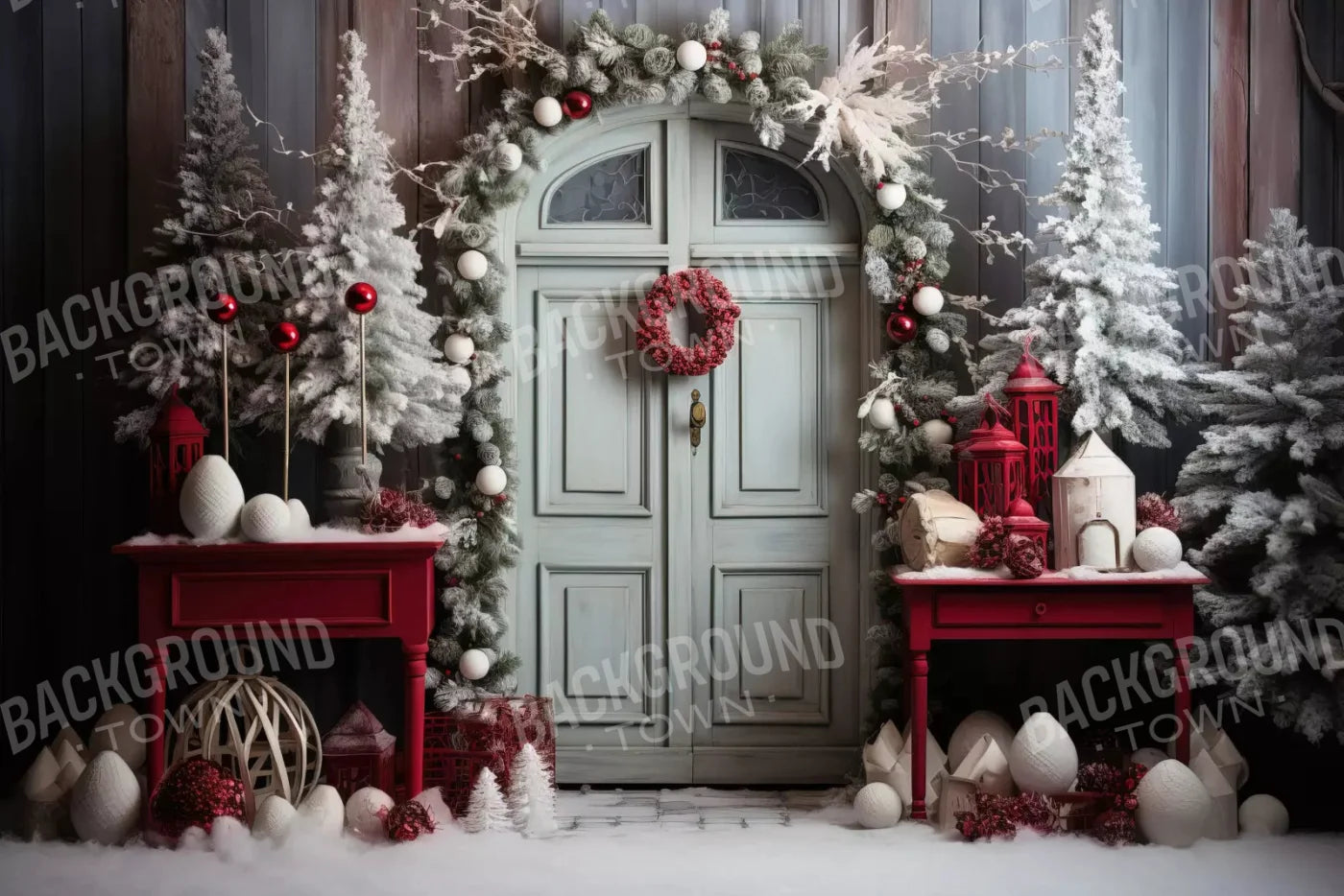 Christmas Doors 8X5 Ultracloth ( 96 X 60 Inch ) Backdrop