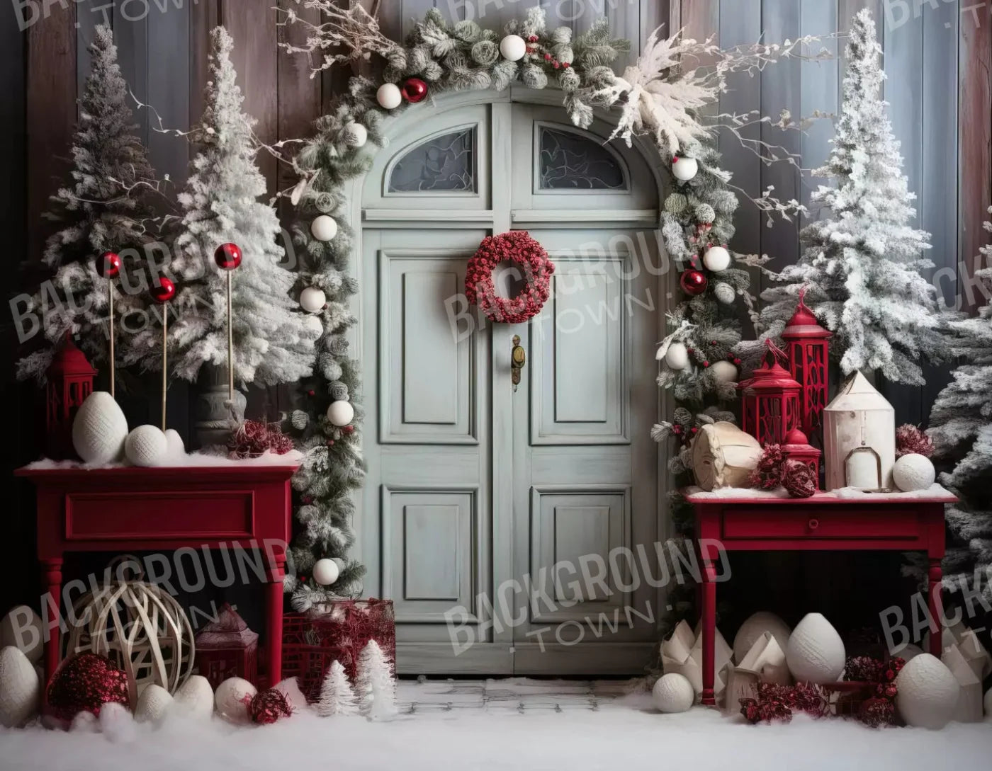 Christmas Doors 8X6 Fleece ( 96 X 72 Inch ) Backdrop