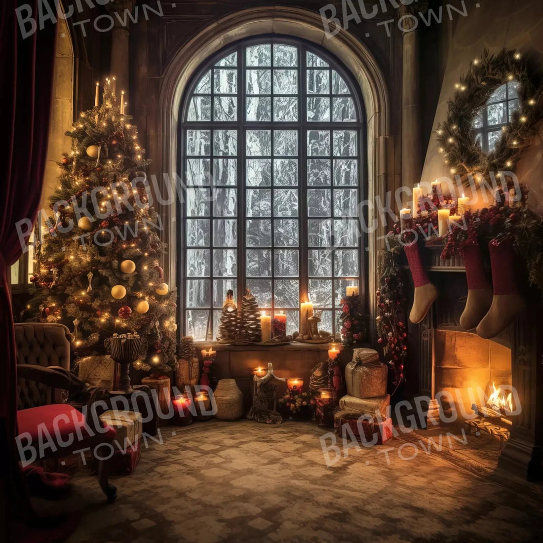 Christmas Family Room with Fireplace Backdrop for Photography