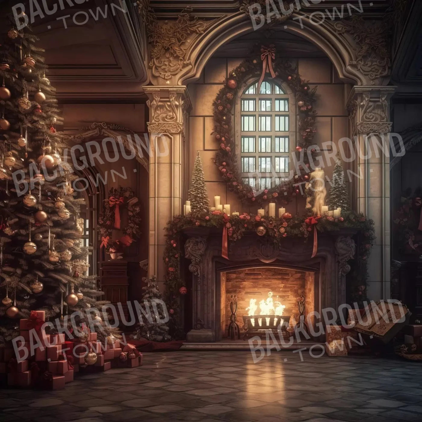 Christmas Castle Hall with Fireplace Backdrop for Photography