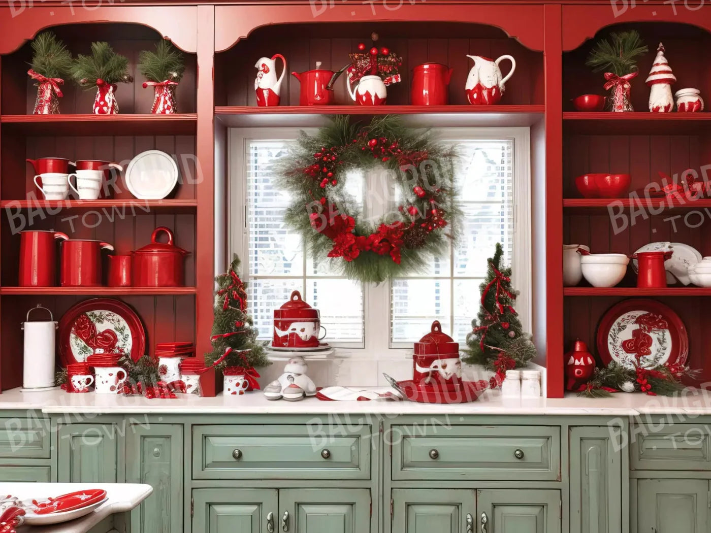 Christmas Kitchen In Red 10X8 Fleece ( 120 X 96 Inch ) Backdrop