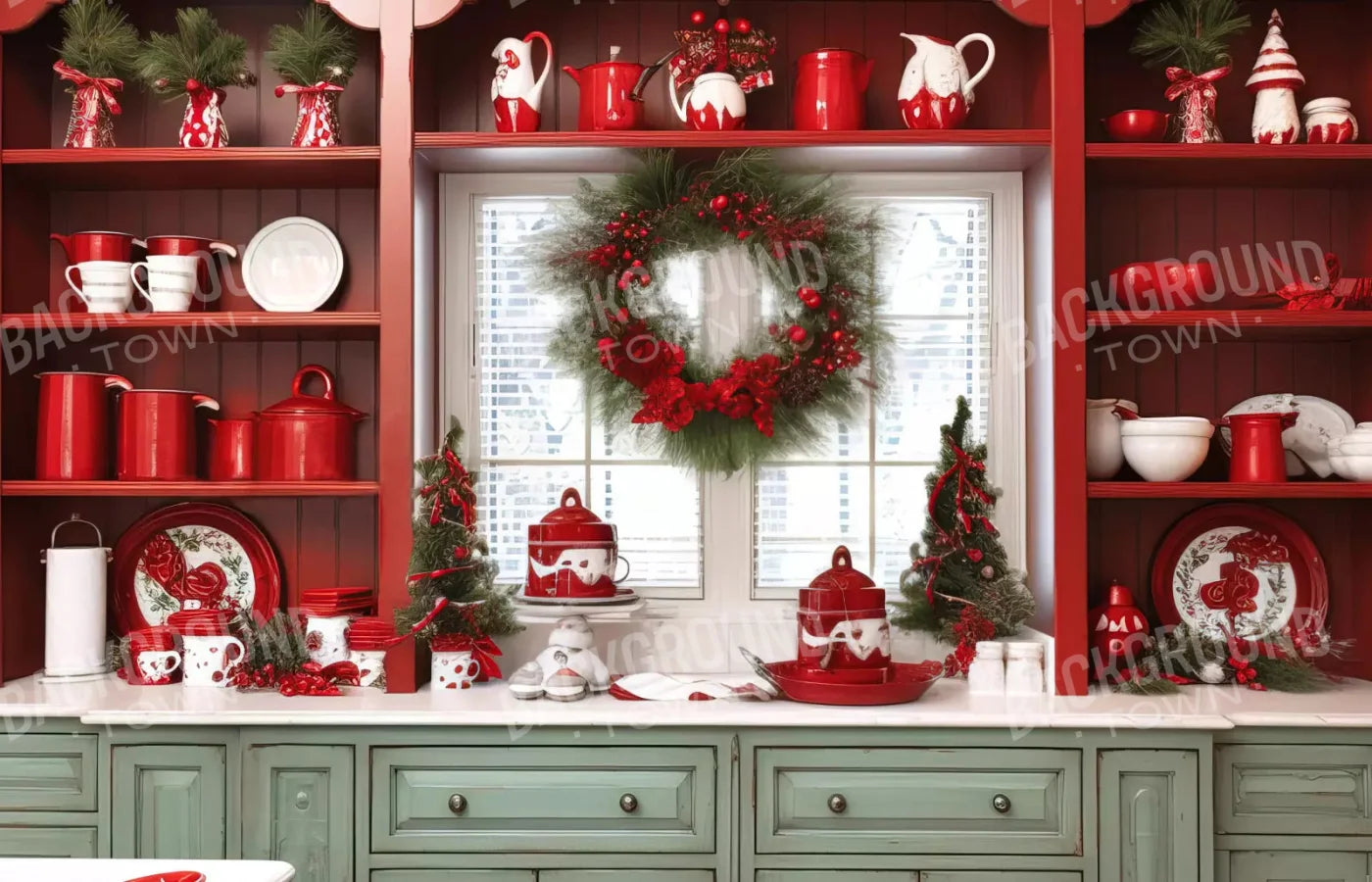 Christmas Kitchen In Red 12X8 Ultracloth ( 144 X 96 Inch ) Backdrop
