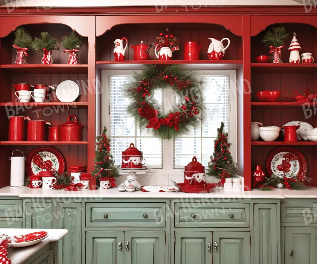 Christmas Kitchen In Red 5X42 Fleece ( 60 X 50 Inch ) Backdrop