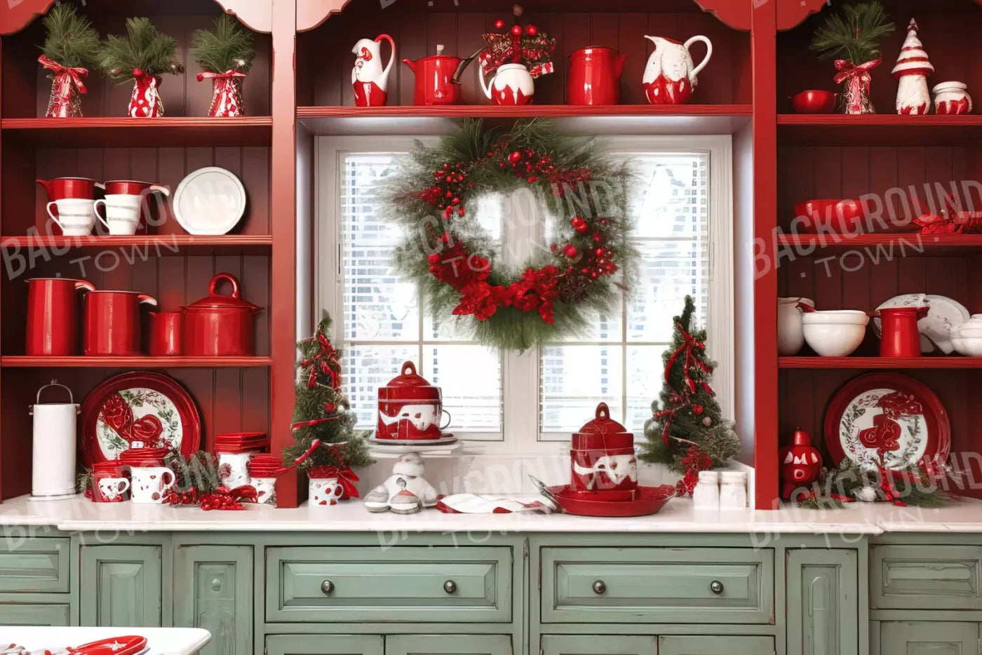 Christmas Kitchen In Red 8X5 Ultracloth ( 96 X 60 Inch ) Backdrop