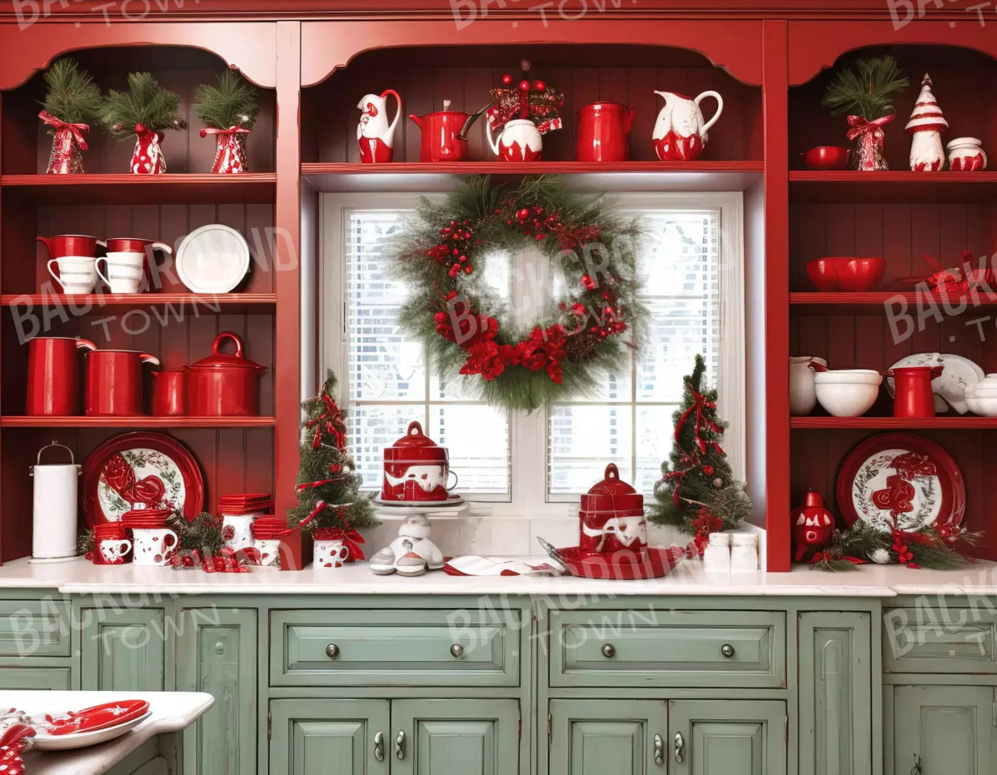 Christmas Kitchen In Red 8X6 Fleece ( 96 X 72 Inch ) Backdrop