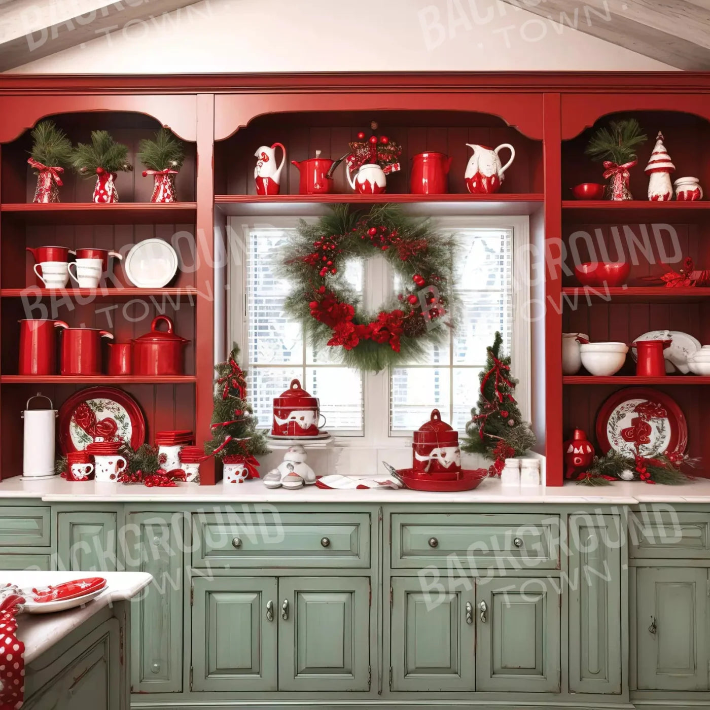 Christmas Kitchen In Red 8X8 Fleece ( 96 X Inch ) Backdrop