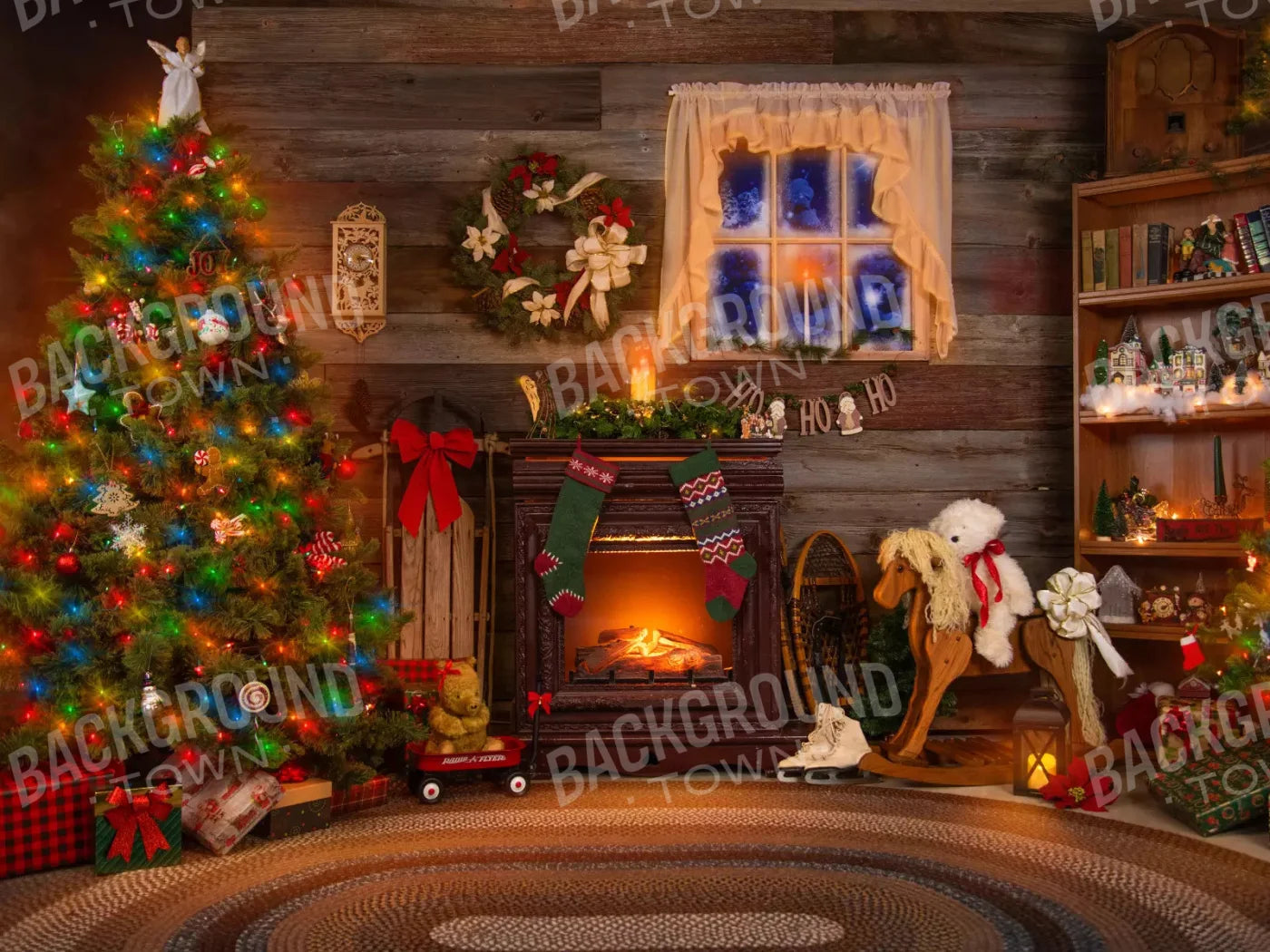 Christmas Living Room 10X8 Fleece ( 120 X 96 Inch ) Backdrop