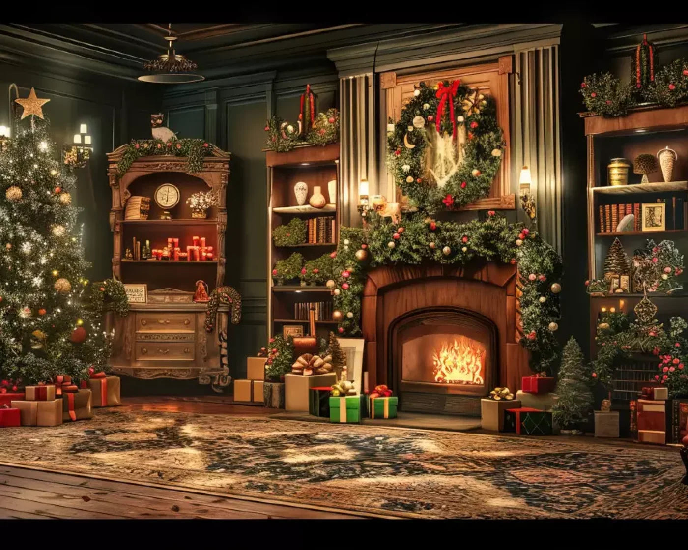 Christmas Living Room Full 10’X8’ Fleece (120 X 96 Inch) Backdrop