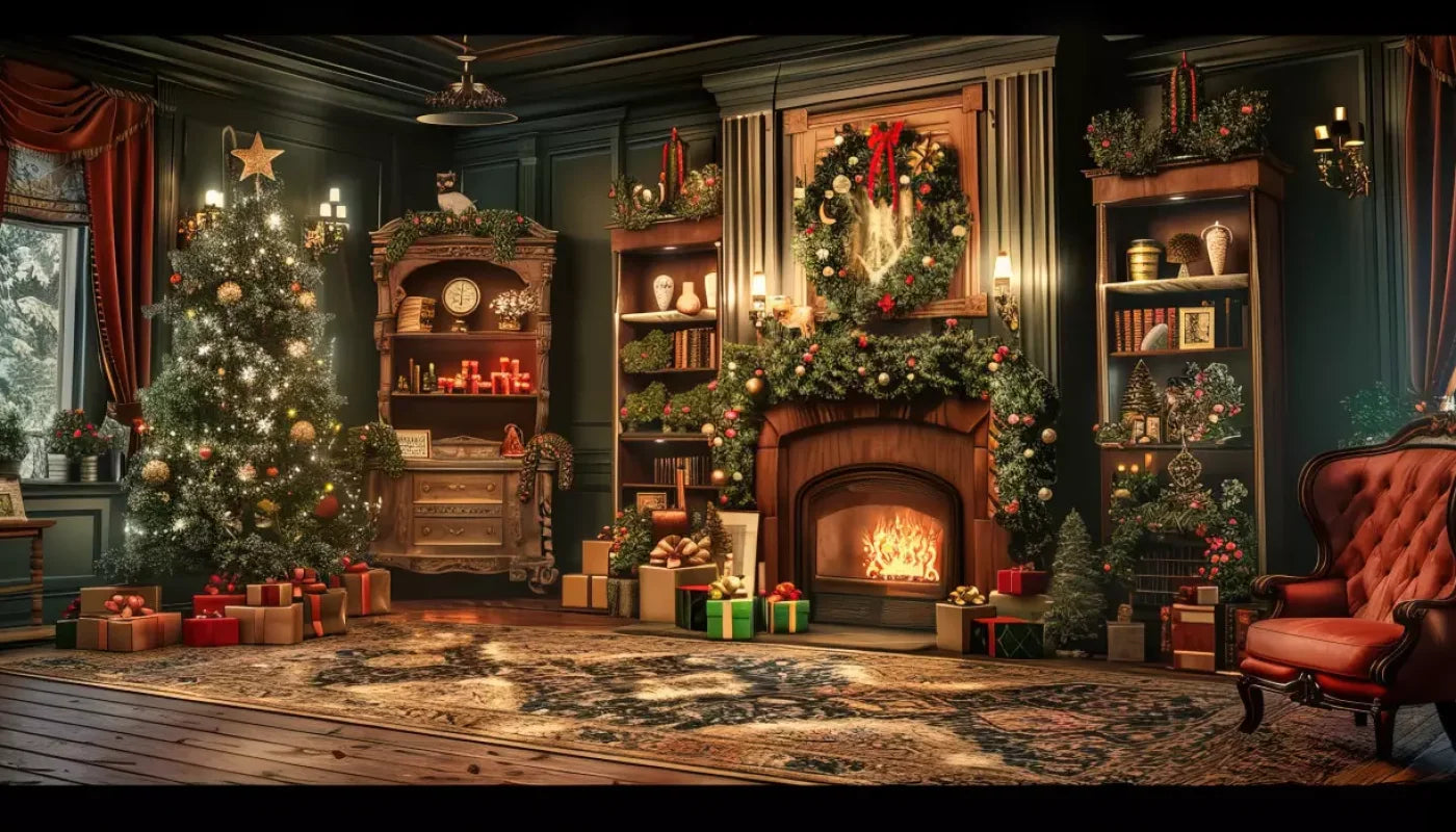 Christmas Living Room Full 14’X8’ Ultracloth (168 X 96 Inch) Backdrop