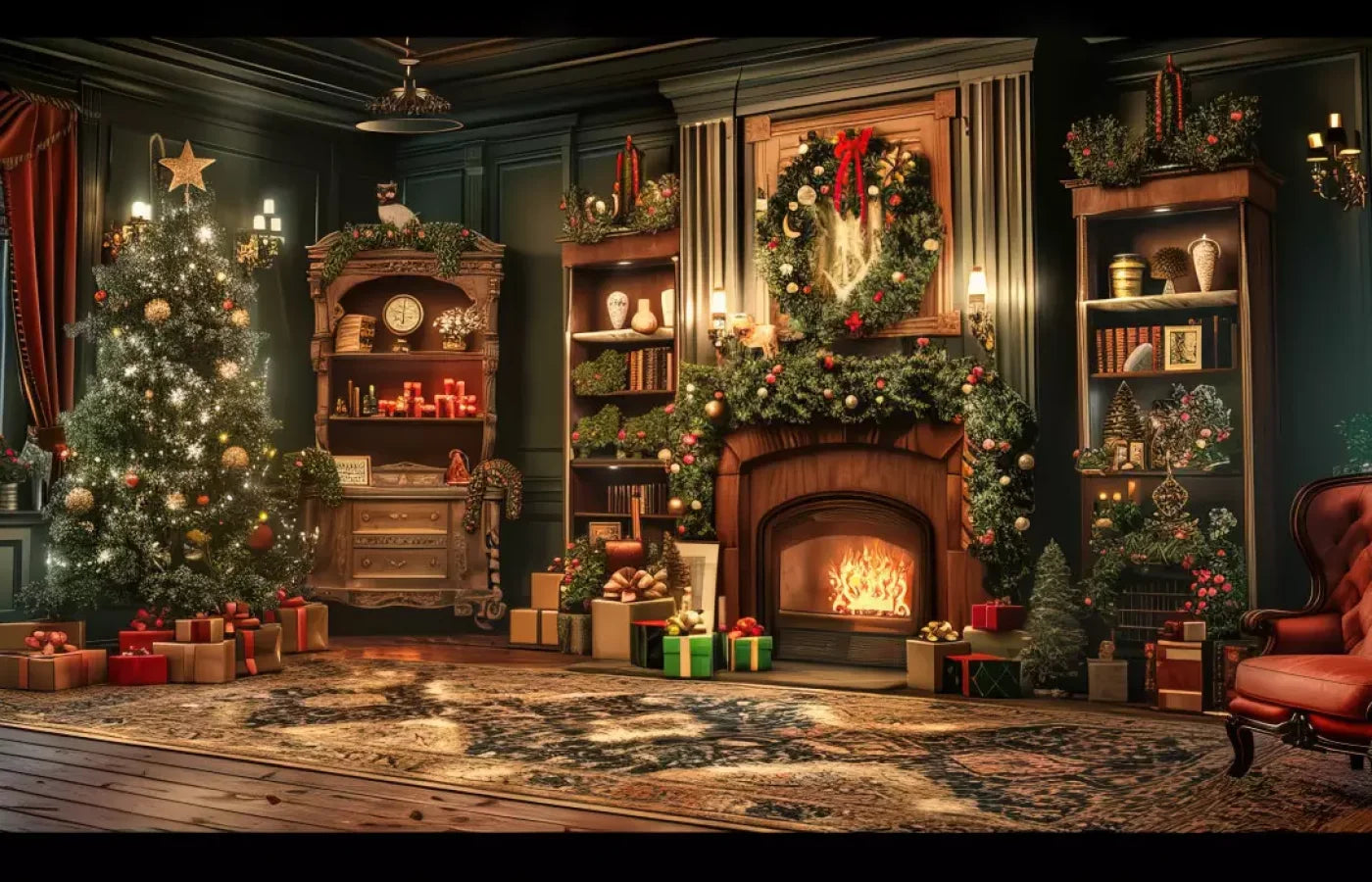 Christmas Living Room Full 14’X9’ Ultracloth (168 X 108 Inch) Backdrop