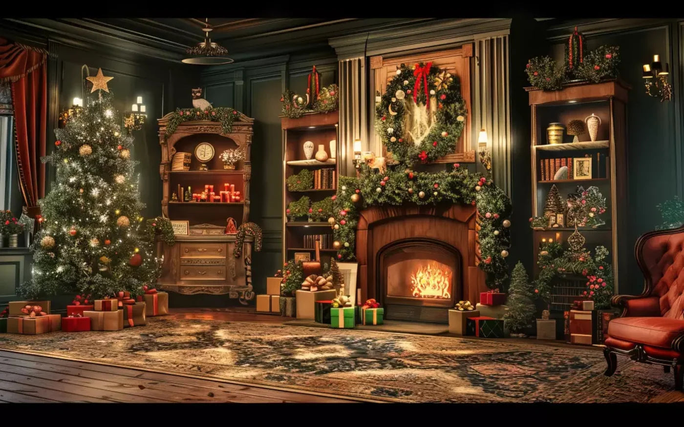 Christmas Living Room Full 16’X10’ Ultracloth (192 X 120 Inch) Backdrop
