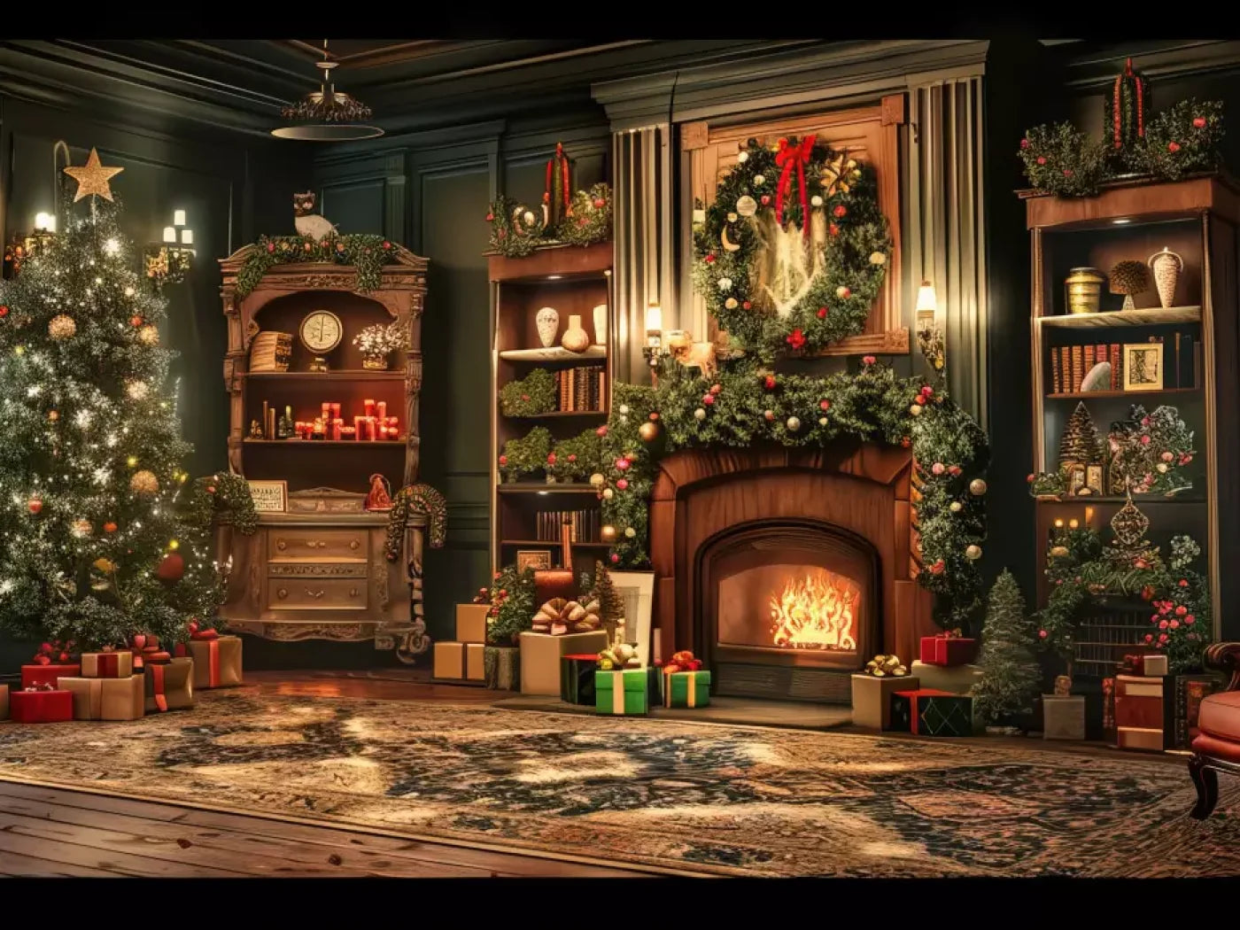 Christmas Living Room Full 6’8X5’ Fleece (80 X 60 Inch) Backdrop