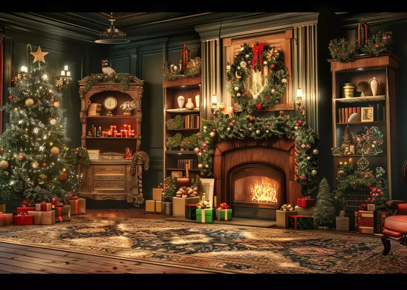 Christmas Living Room Full 7’X5’ Ultracloth (84 X 60 Inch) Backdrop