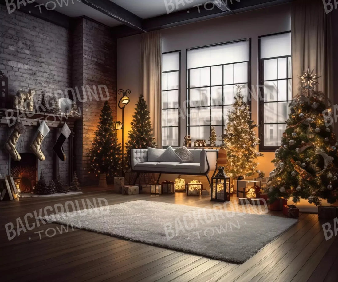 Christmas Family Room with Fireplace Backdrop for Photography