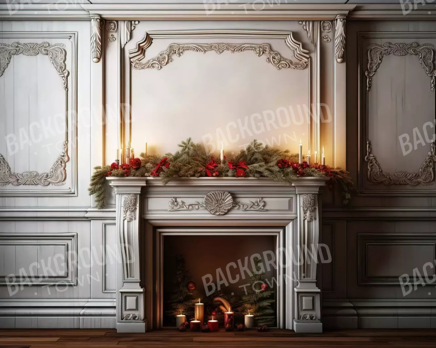 Christmas Mantle 10’X8’ Fleece (120 X 96 Inch) Backdrop