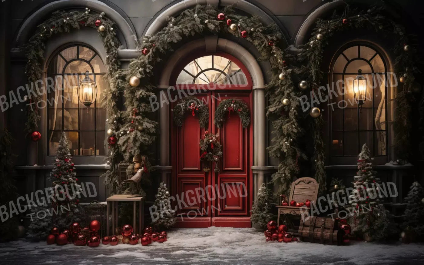 Christmas Red Front Door 14X9 Ultracloth ( 168 X 108 Inch ) Backdrop