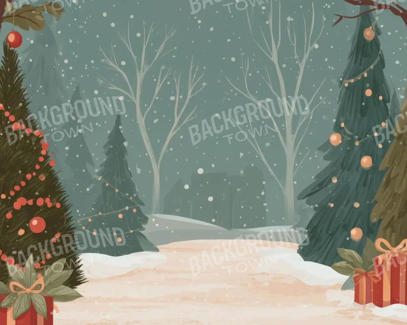 Christmas Scene Clipart 10’x8’ Fleece (120 x 96 inch) Backdrop