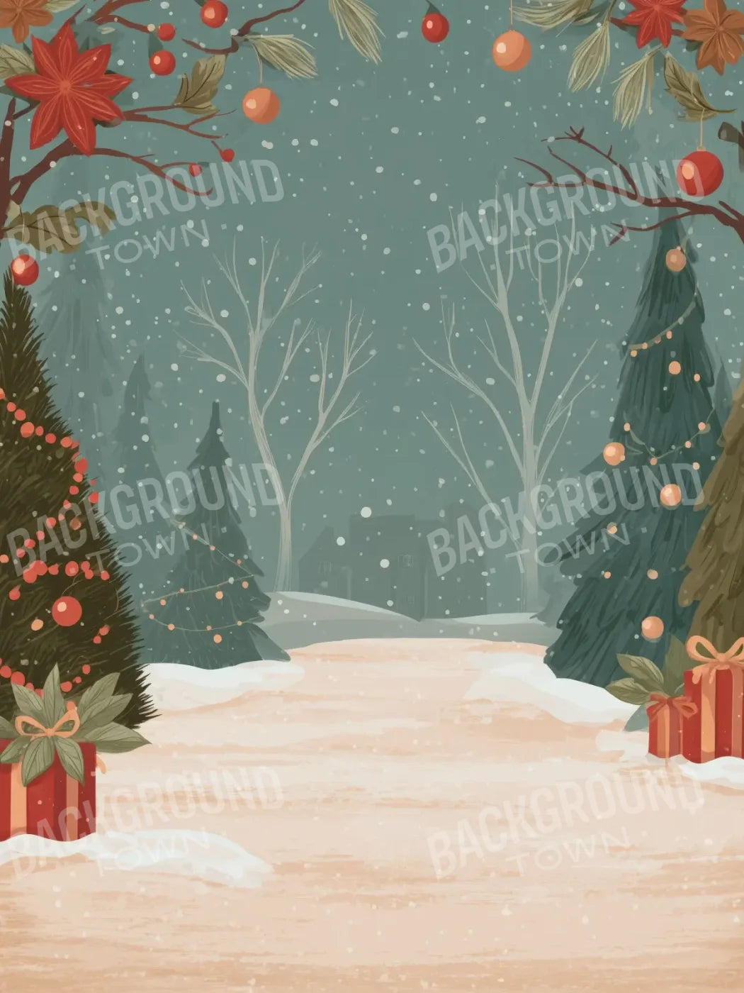 Christmas Scene Clipart 5’x6’8 Fleece (60 x 80 inch) Backdrop