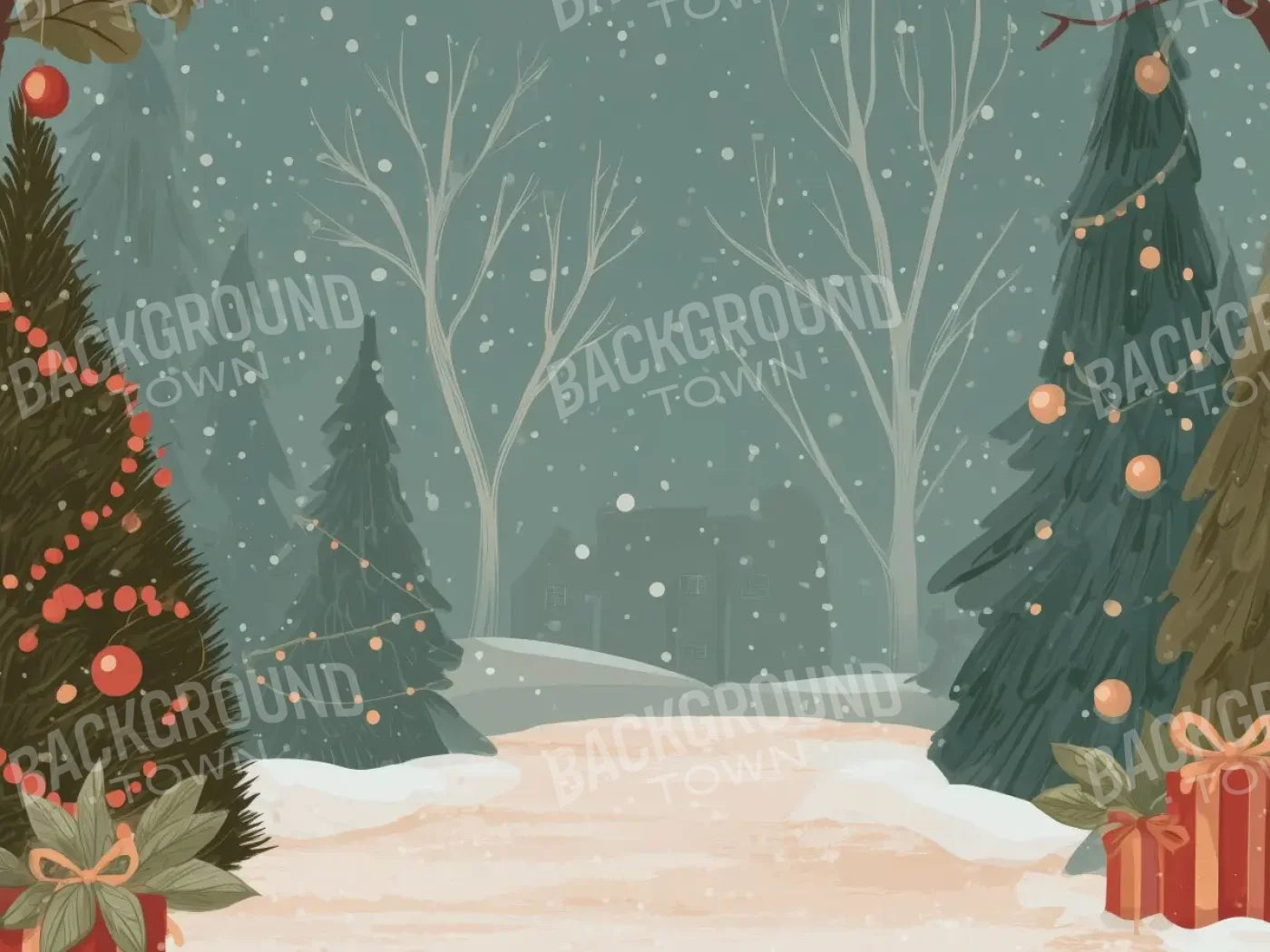 Christmas Scene Clipart 6’8x5’ Fleece (80 x 60 inch) Backdrop
