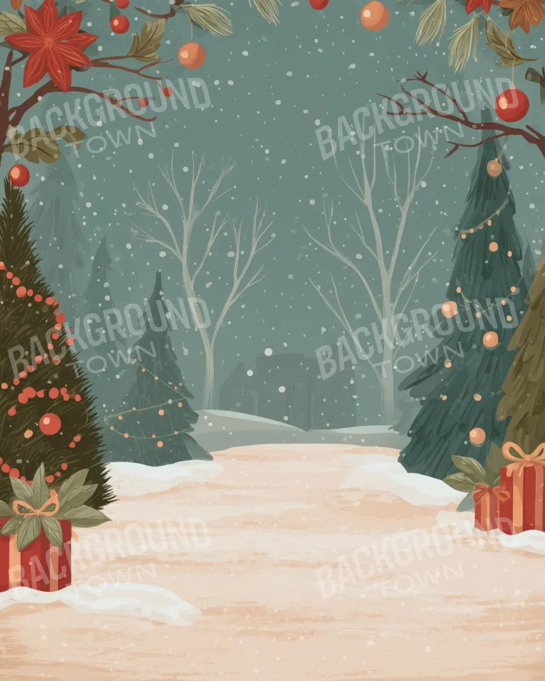 Christmas Scene Clipart 8’x10’ Fleece (96 x 120 inch) Backdrop