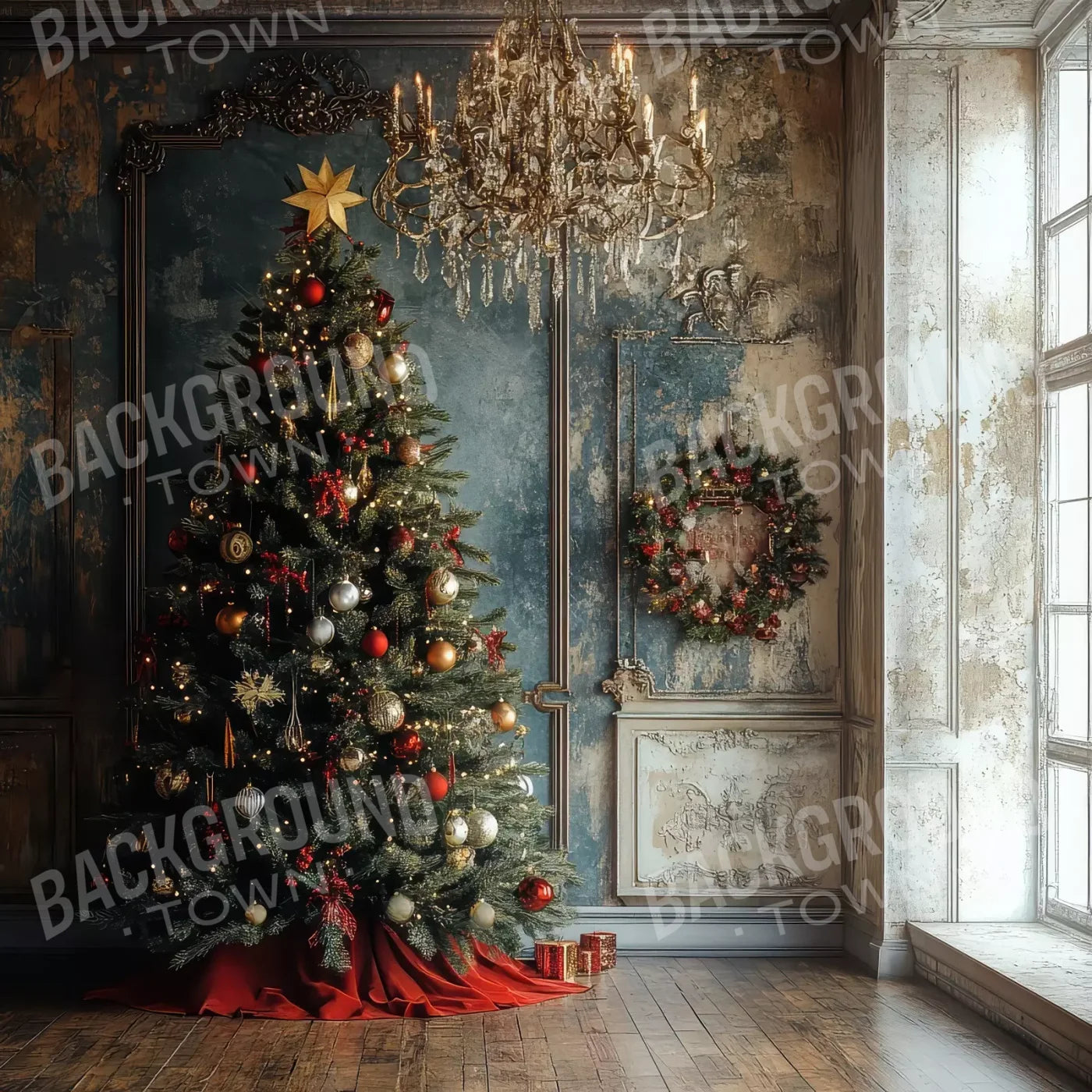 Christmas Tree With Rustic Wall 10’X10’ Ultracloth (120 X Inch) Backdrop