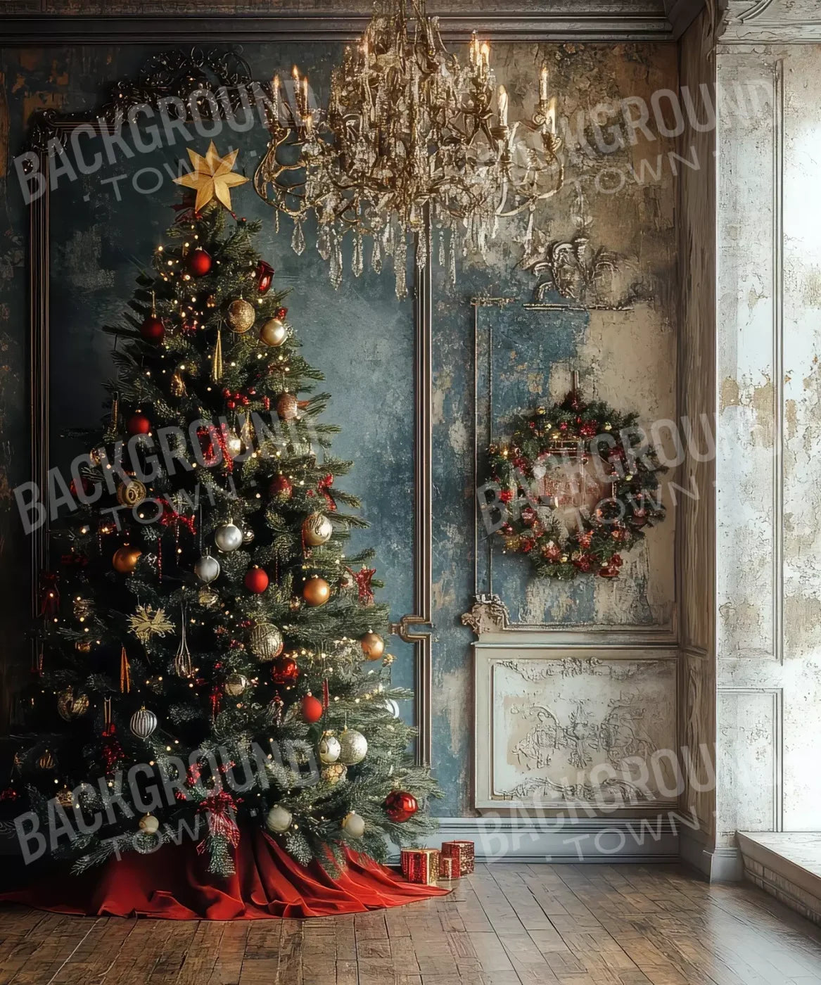 Christmas Tree With Rustic Wall 10’X12’ Ultracloth (120 X 144 Inch) Backdrop