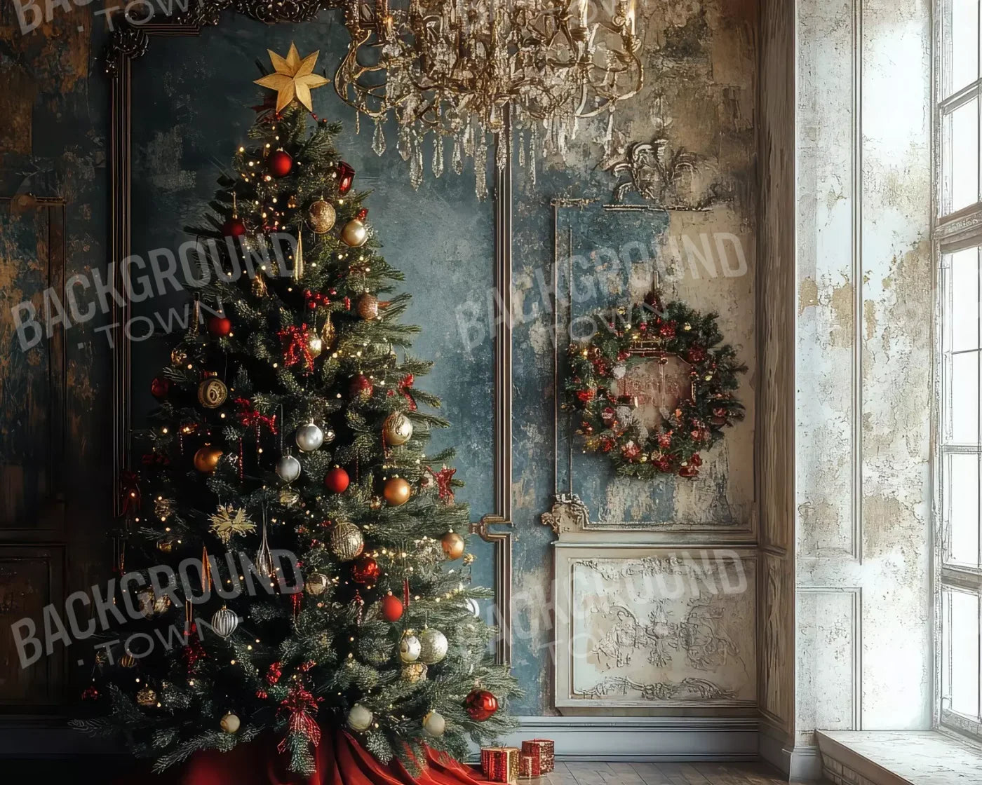 Christmas Tree With Rustic Wall 10’X8’ Fleece (120 X 96 Inch) Backdrop