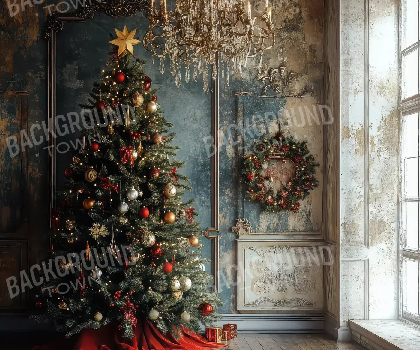 Christmas Tree With Rustic Wall 12’X10’ Ultracloth (144 X 120 Inch) Backdrop