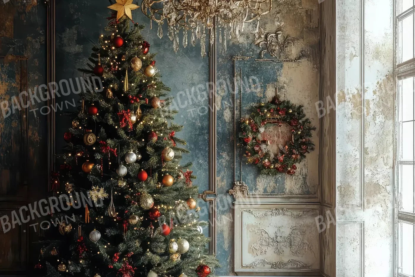 Christmas Tree With Rustic Wall 12’X8’ Ultracloth (144 X 96 Inch) Backdrop