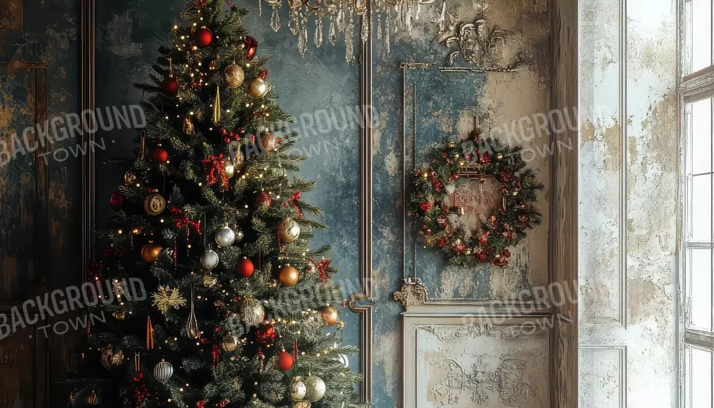 Christmas Tree With Rustic Wall 14’X8’ Ultracloth (168 X 96 Inch) Backdrop