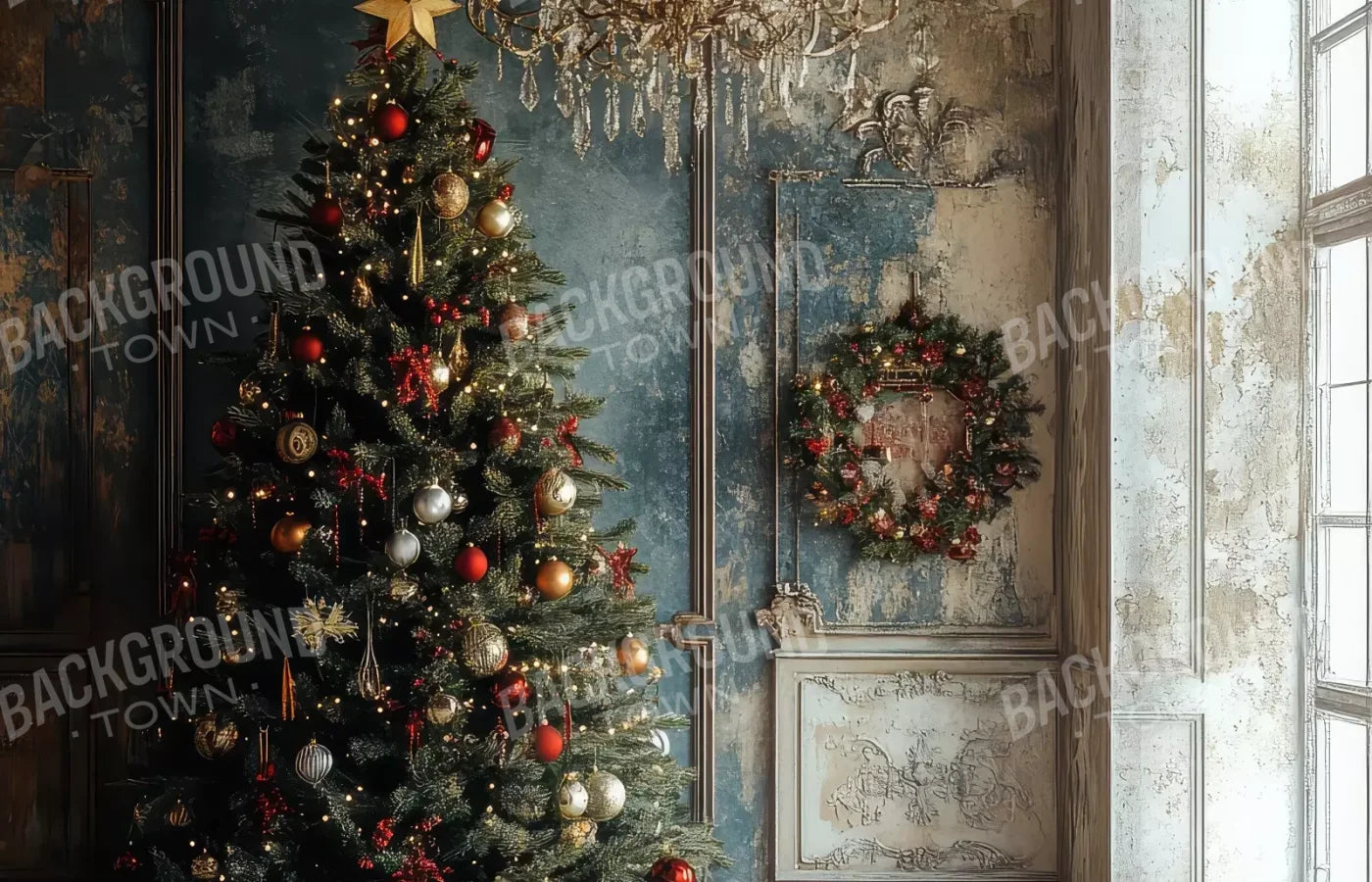 Christmas Tree With Rustic Wall 14’X9’ Ultracloth (168 X 108 Inch) Backdrop