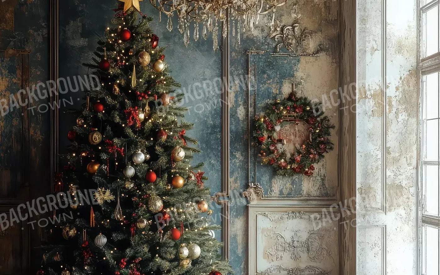 Christmas Tree With Rustic Wall 16’X10’ Ultracloth (192 X 120 Inch) Backdrop