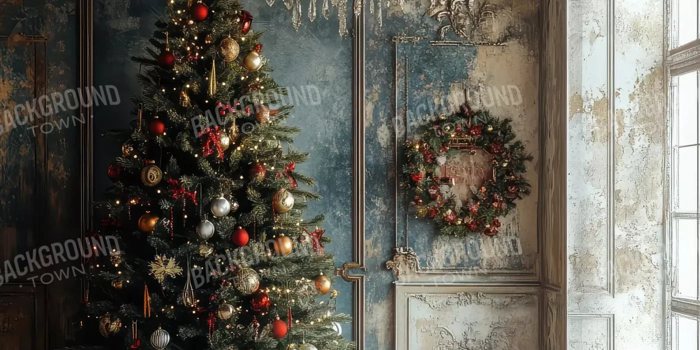 Christmas Tree With Rustic Wall 16’X8’ Ultracloth (192 X 96 Inch) Backdrop