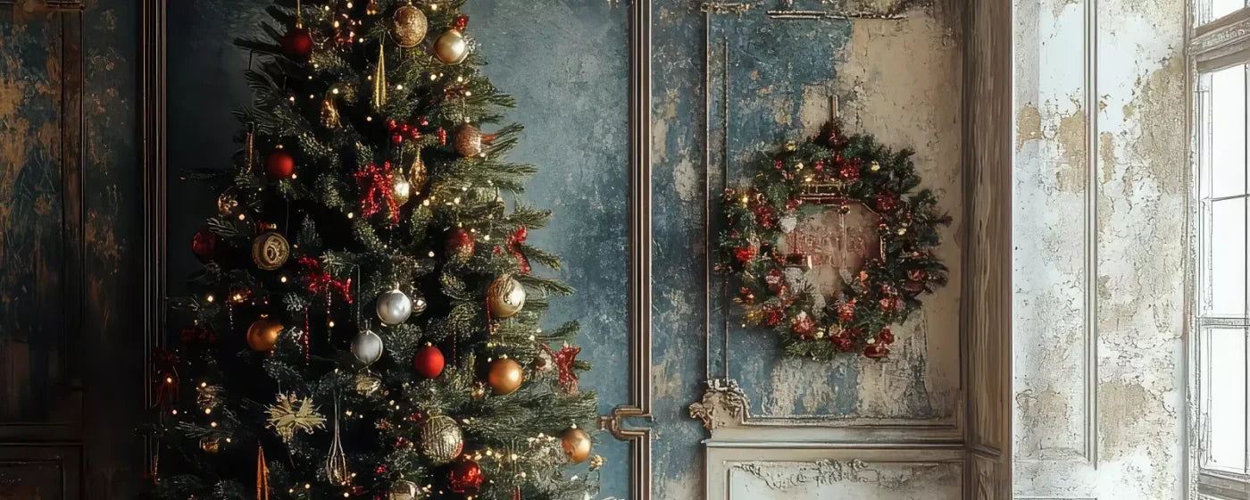 Christmas Tree With Rustic Wall 20’X8’ Ultracloth (240 X 96 Inch) Backdrop