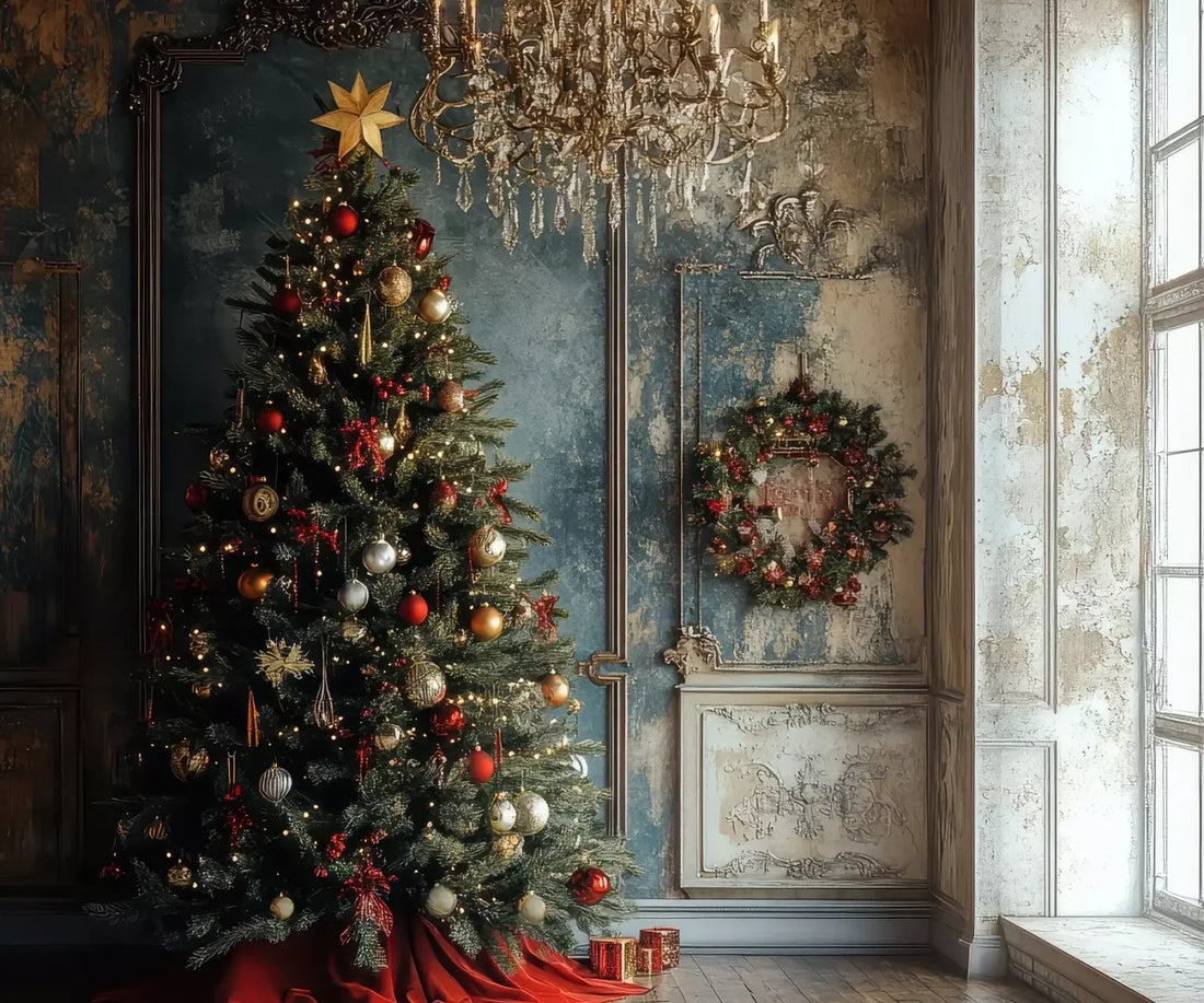 Christmas Tree With Rustic Wall 5’X4’2 Fleece (60 X 50 Inch) Backdrop
