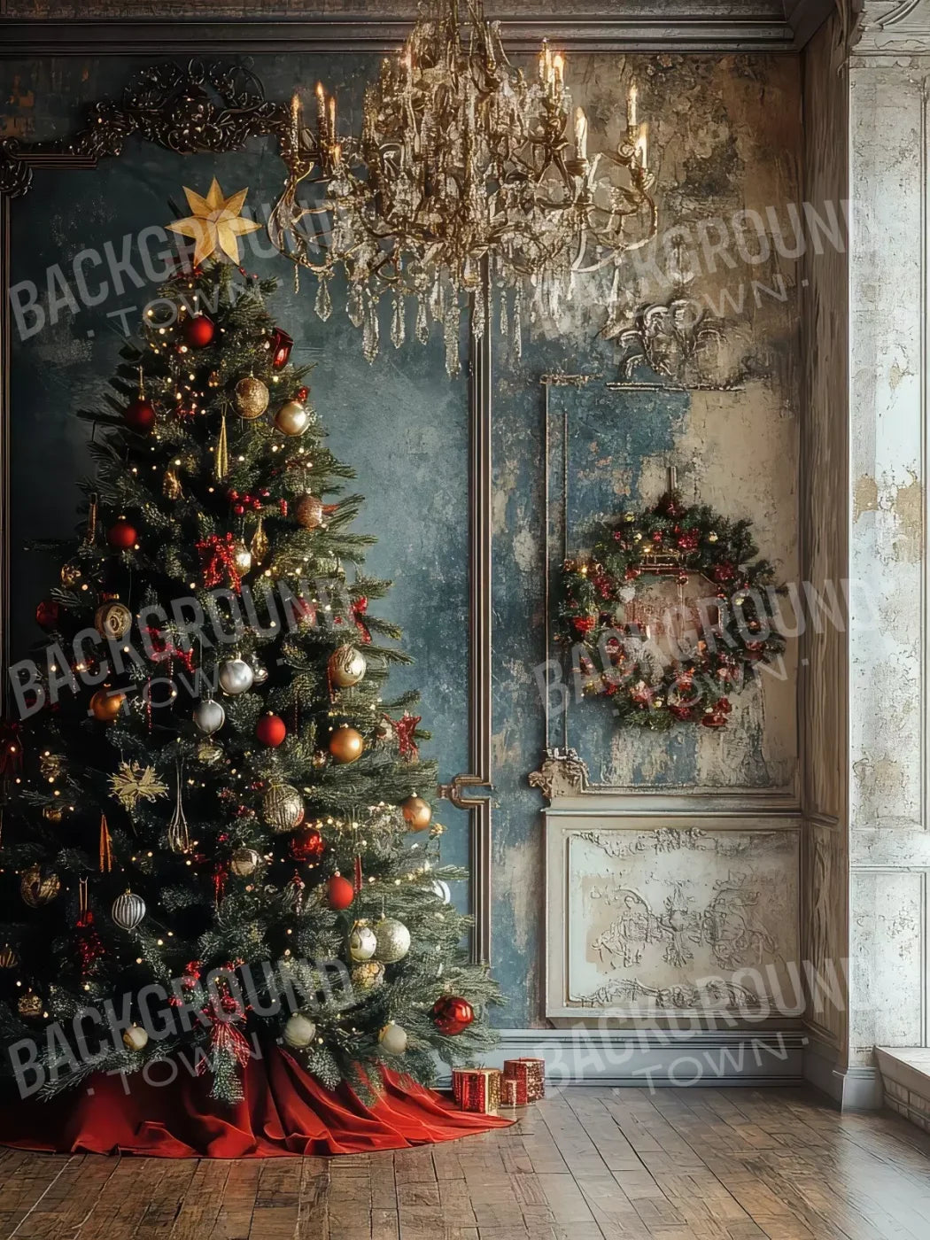 Christmas Tree With Rustic Wall 5’X6’8 Fleece (60 X 80 Inch) Backdrop