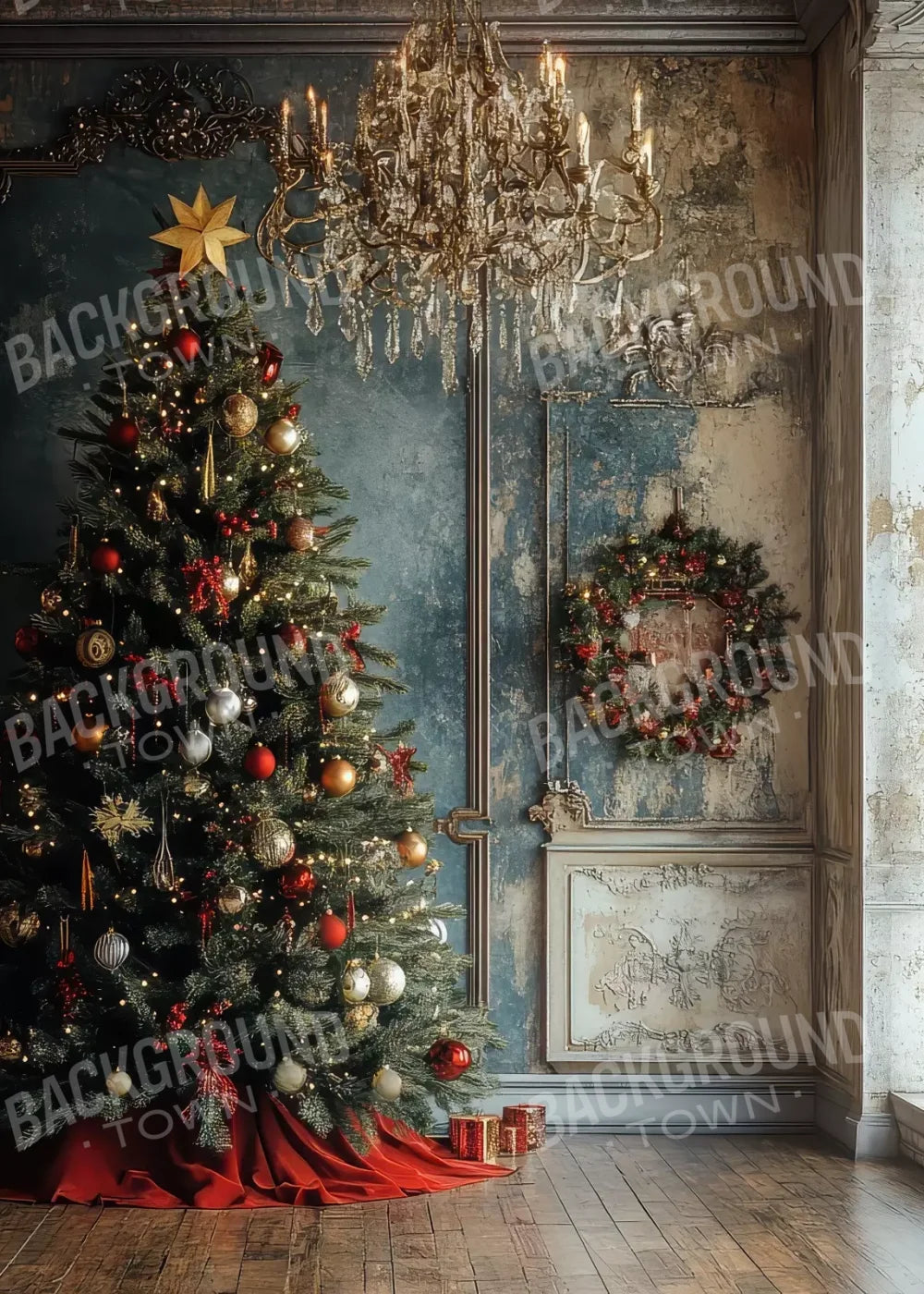 Christmas Tree With Rustic Wall 5’X7’ Ultracloth (60 X 84 Inch) Backdrop