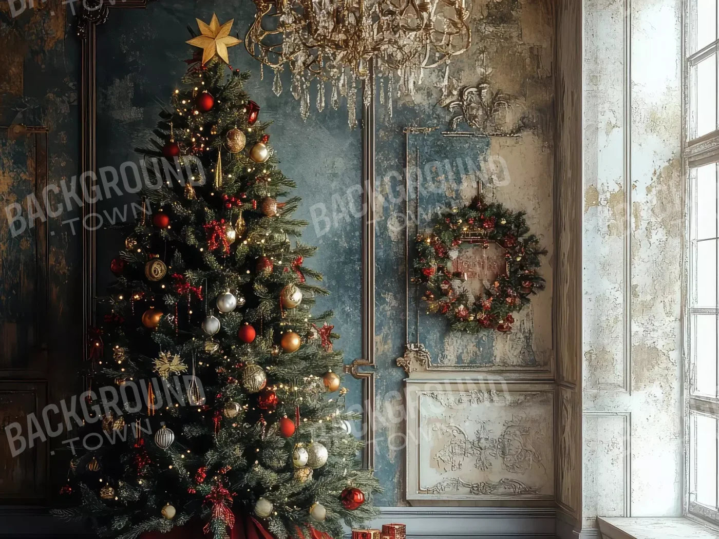 Christmas Tree With Rustic Wall 6’8X5’ Fleece (80 X 60 Inch) Backdrop