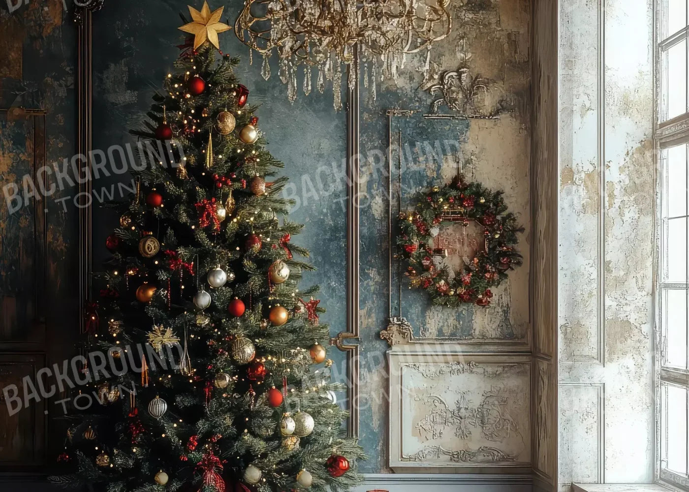 Christmas Tree With Rustic Wall 7’X5’ Ultracloth (84 X 60 Inch) Backdrop