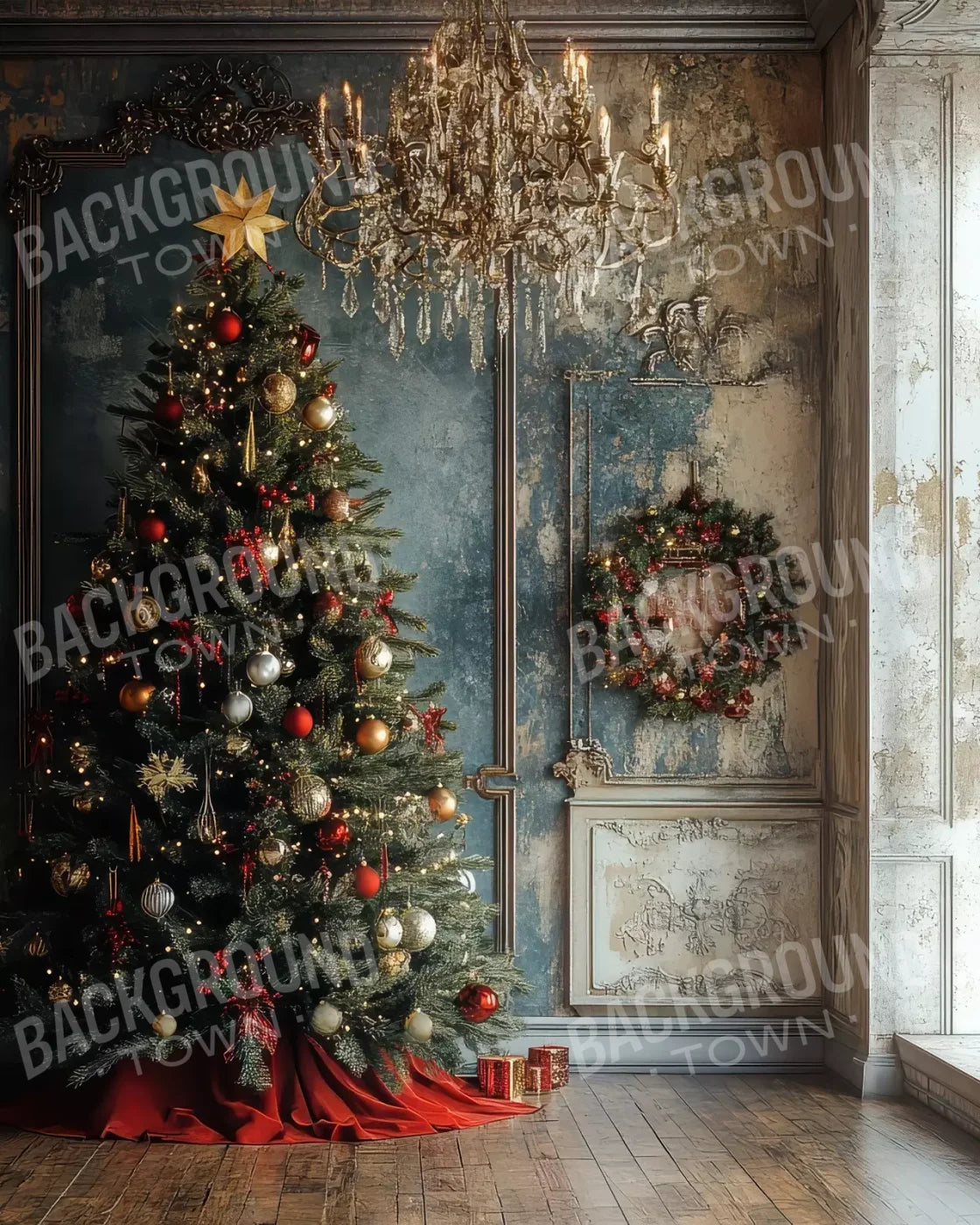 Christmas Tree With Rustic Wall 8’X10’ Fleece (96 X 120 Inch) Backdrop