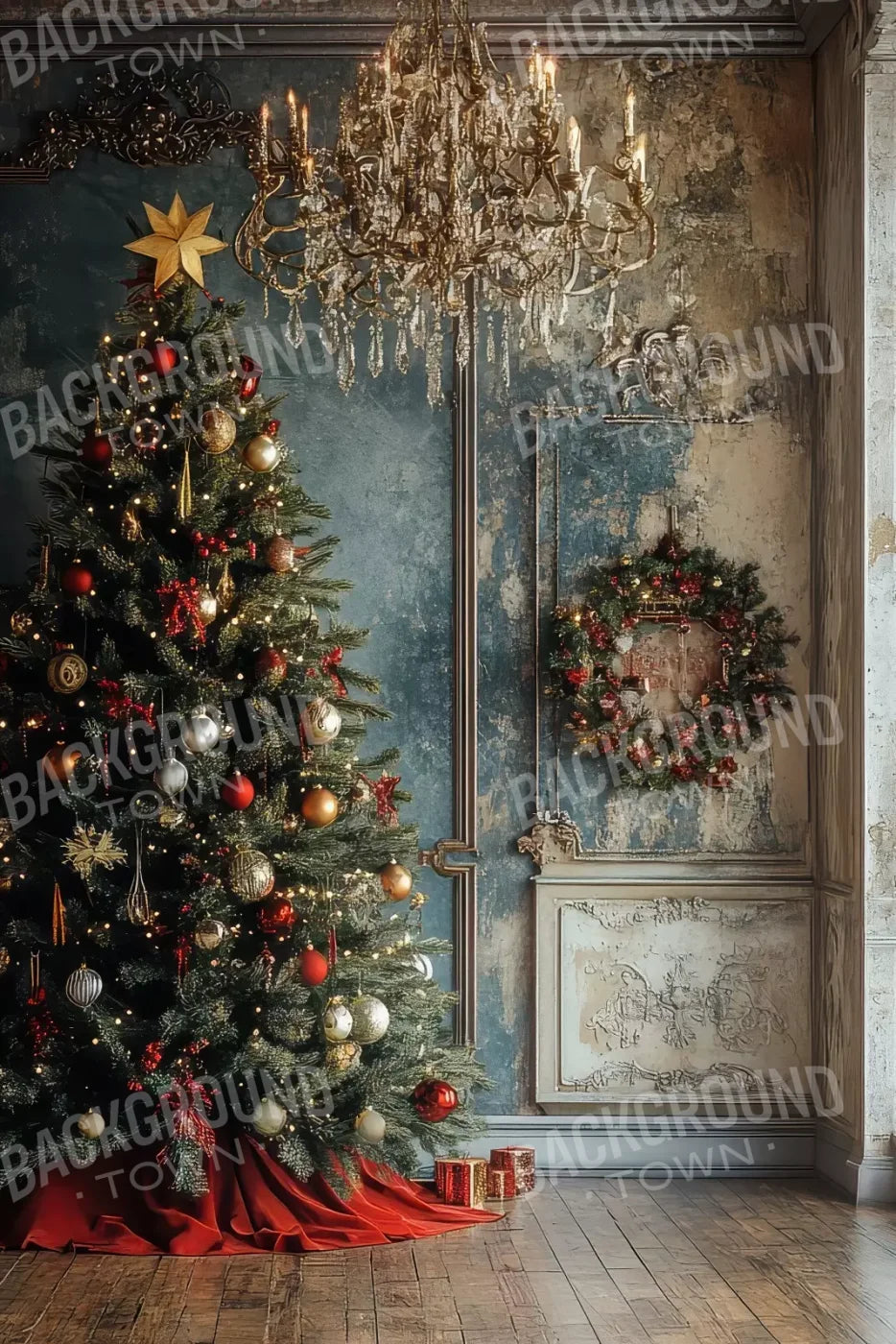 Christmas Tree With Rustic Wall 8’X12’ Ultracloth (96 X 144 Inch) Backdrop