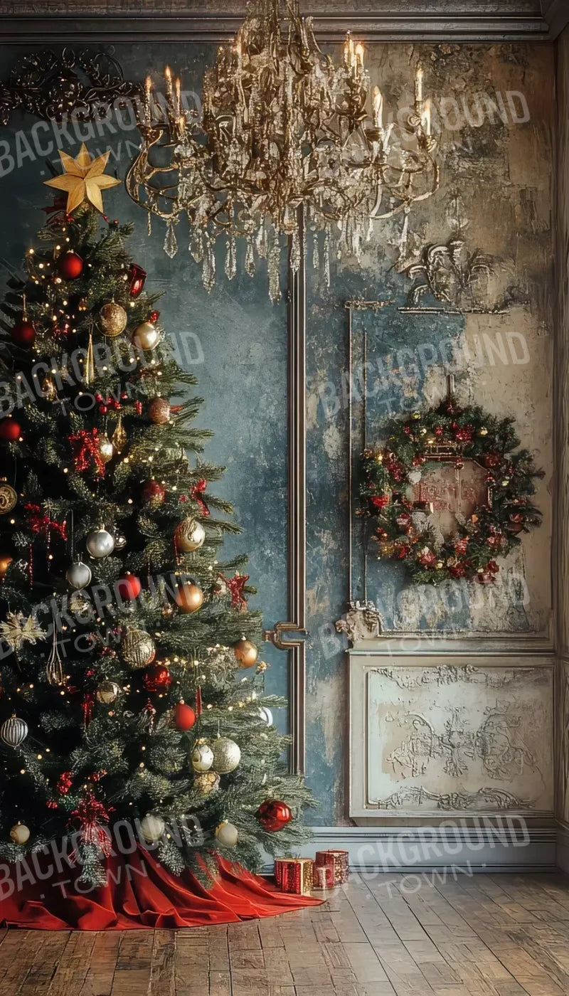 Christmas Tree With Rustic Wall 8’X14’ Ultracloth (96 X 168 Inch) Backdrop