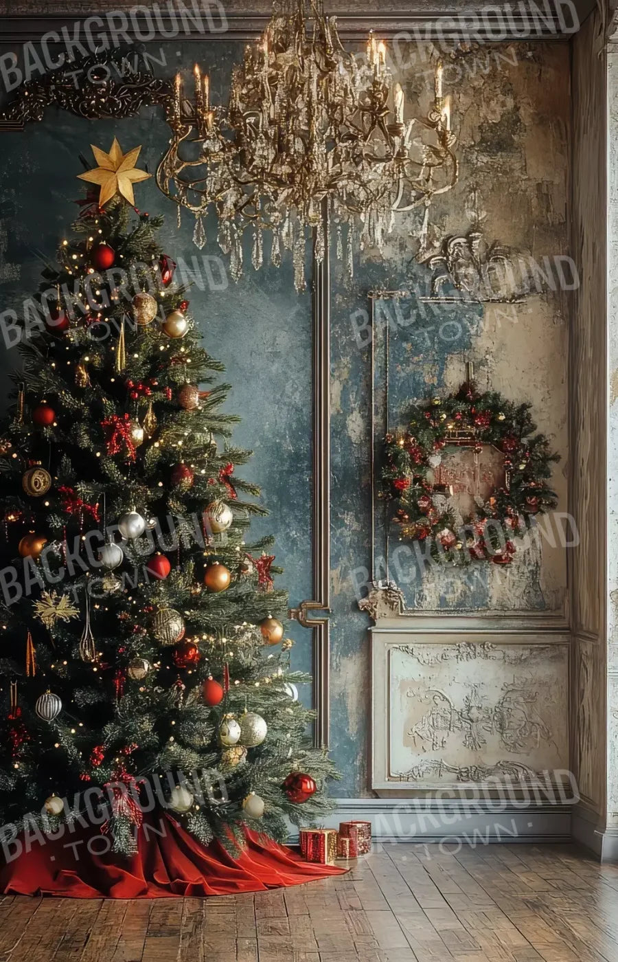 Christmas Tree With Rustic Wall 9’X14’ Ultracloth (108 X 168 Inch) Backdrop