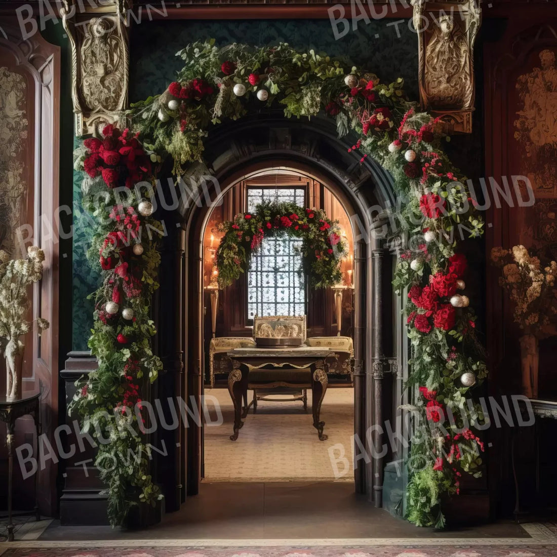 Christmas Victorian Greenery Arch 10X10 Ultracloth ( 120 X Inch ) Backdrop