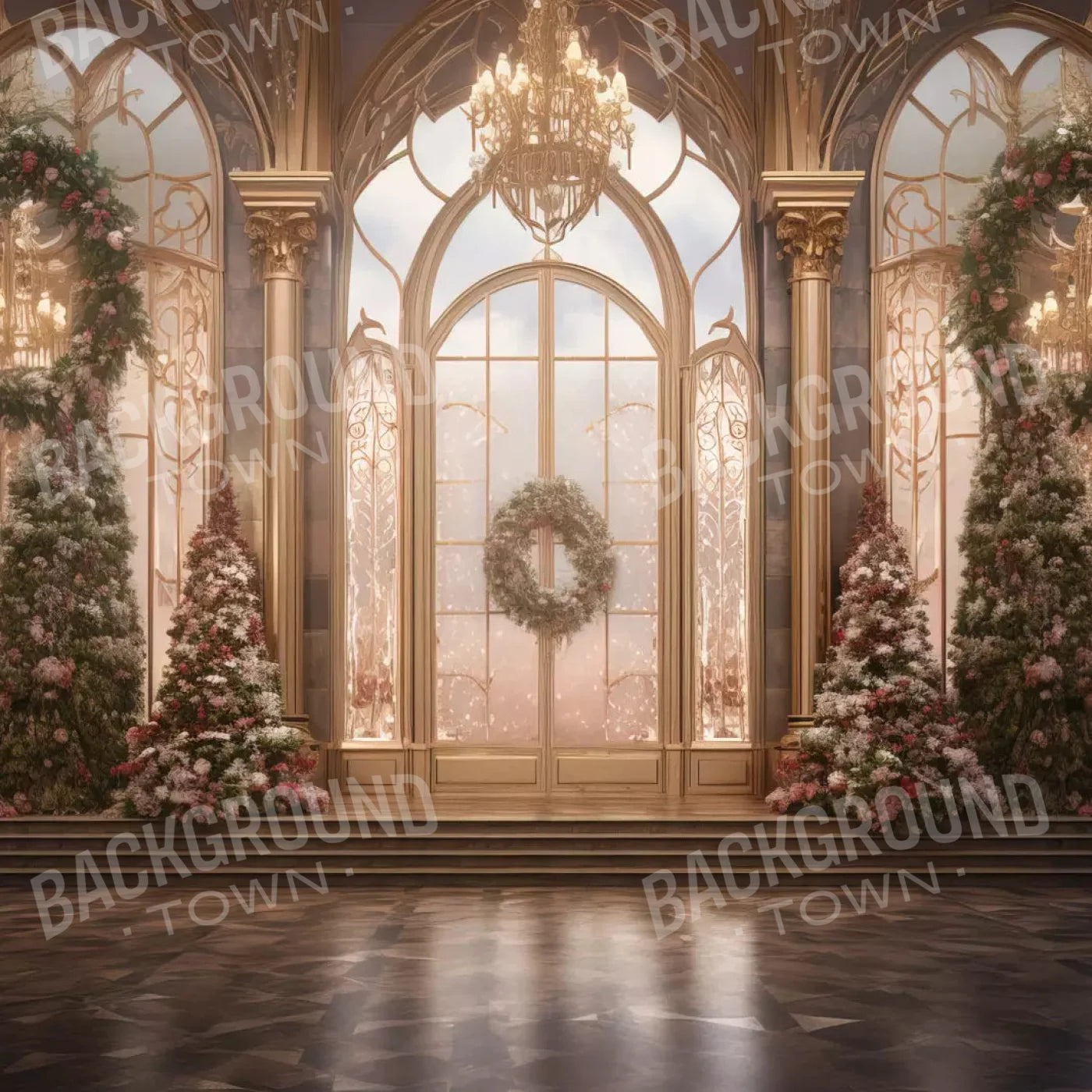 Christmas Wreath Ballroom 10X10 Ultracloth ( 120 X Inch ) Backdrop