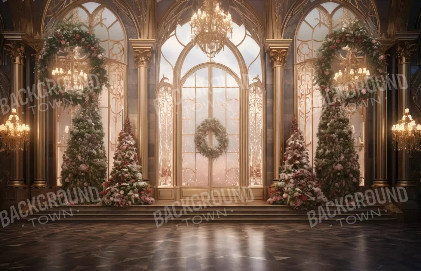 Christmas Wreath Ballroom 12X8 Ultracloth ( 144 X 96 Inch ) Backdrop