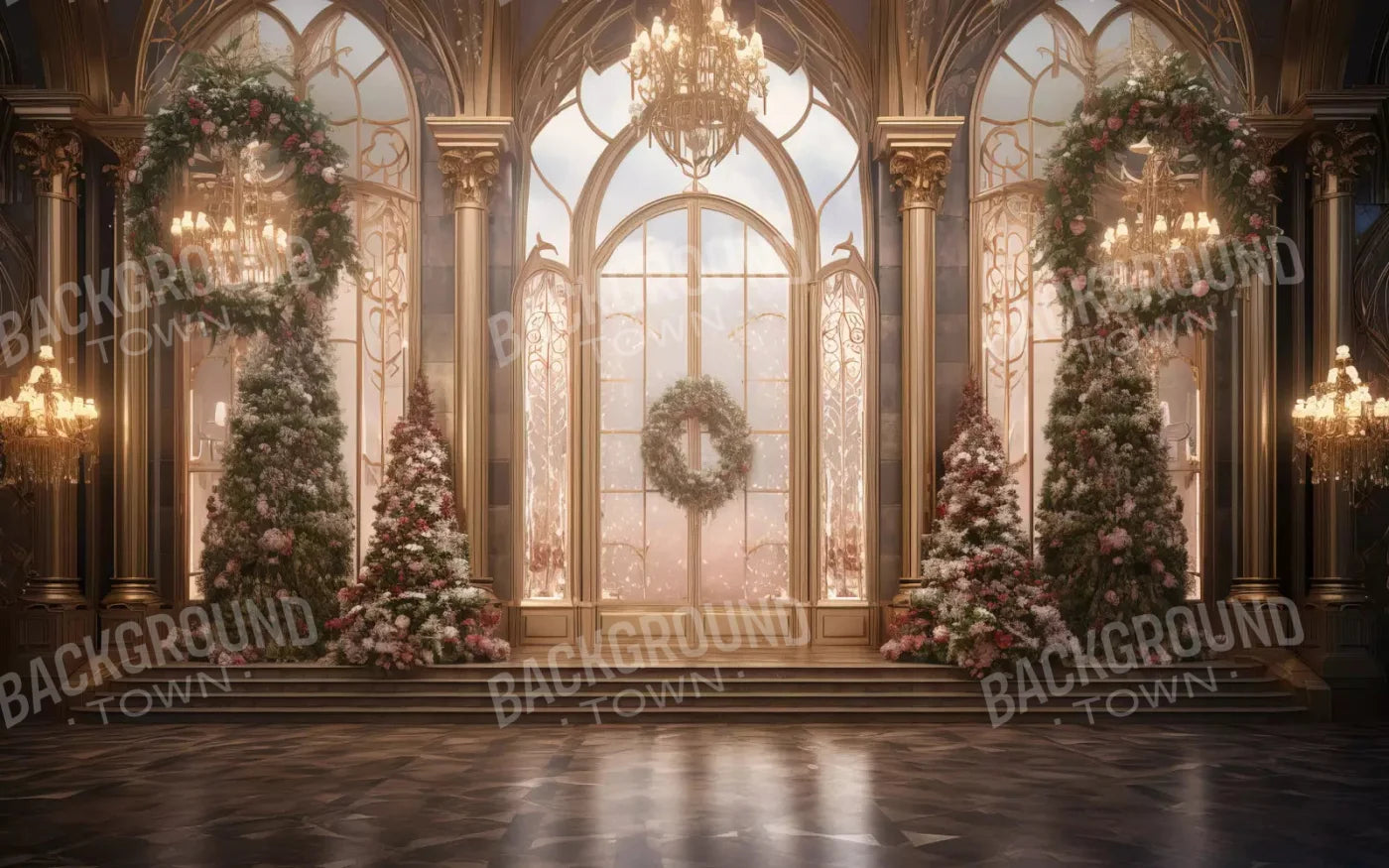 Christmas Wreath Ballroom 14X9 Ultracloth ( 168 X 108 Inch ) Backdrop