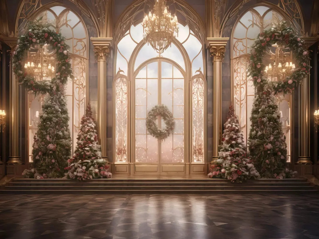 Christmas Wreath Ballroom 68X5 Fleece ( 80 X 60 Inch ) Backdrop