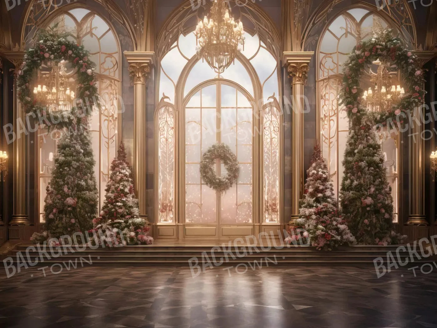 Christmas Wreath Ballroom 7X5 Ultracloth ( 84 X 60 Inch ) Backdrop