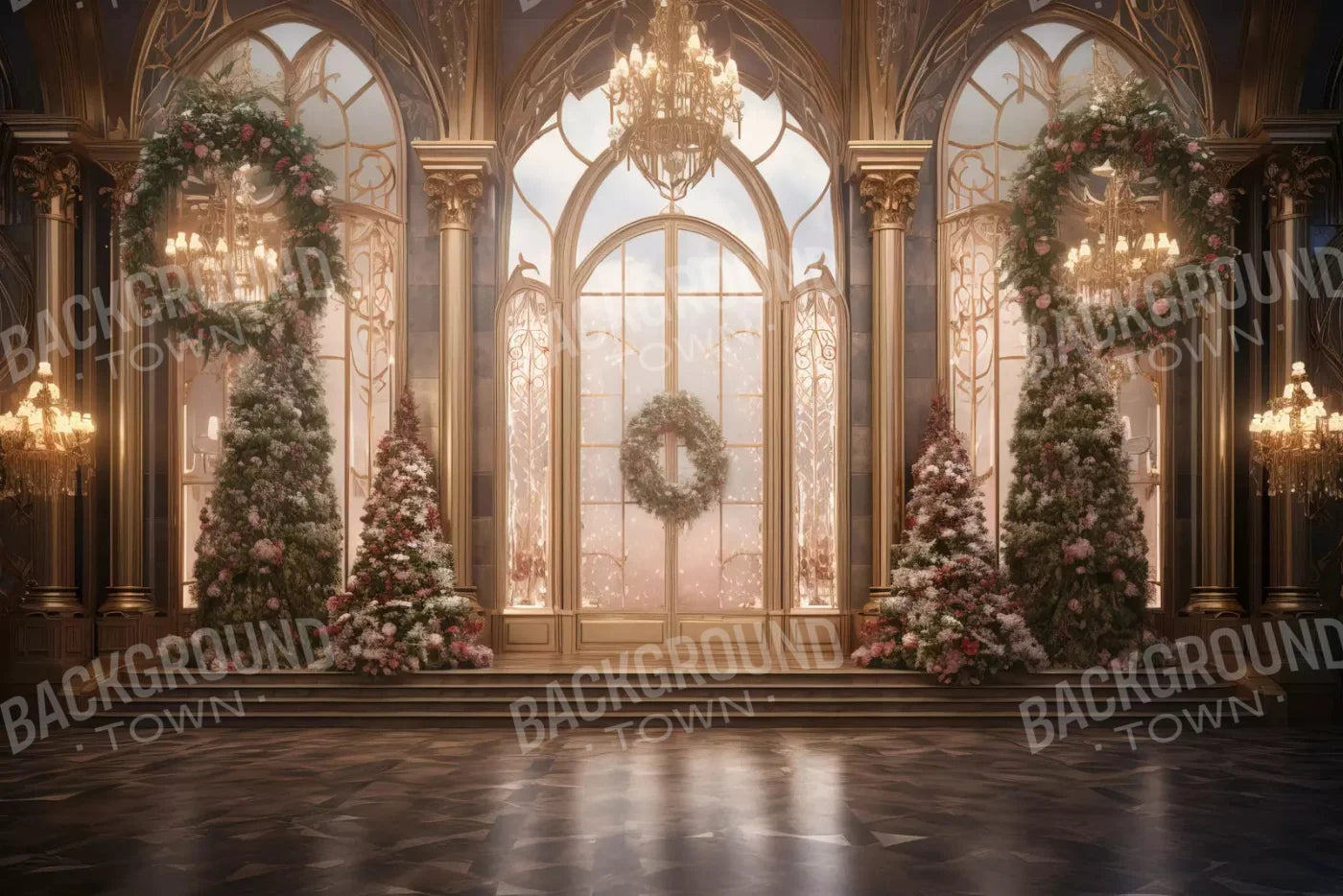 Christmas Wreath Ballroom 8X5 Ultracloth ( 96 X 60 Inch ) Backdrop